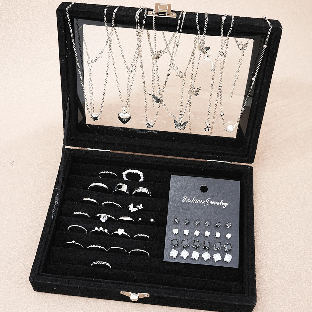 51-Piece Silver Butterfly Heart Pearl Jewelry Set for Women – Necklaces, Earrings & Rings | Fashion Daily Outfit Accessories