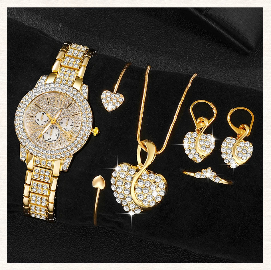 Women’s Gold Rhinestone Watch & Jewelry Set – Watch, Necklace, Earrings & Ring