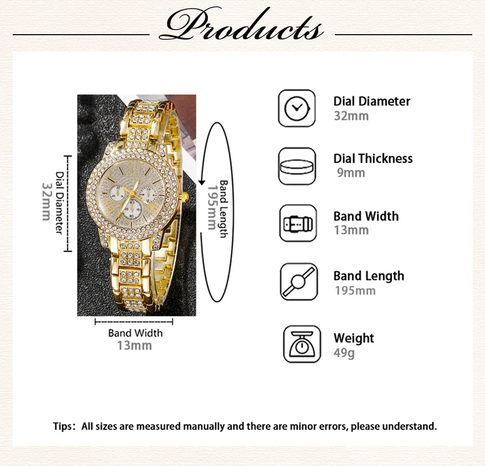 Women’s Gold Rhinestone Watch & Jewelry Set – Watch, Necklace, Earrings & Ring