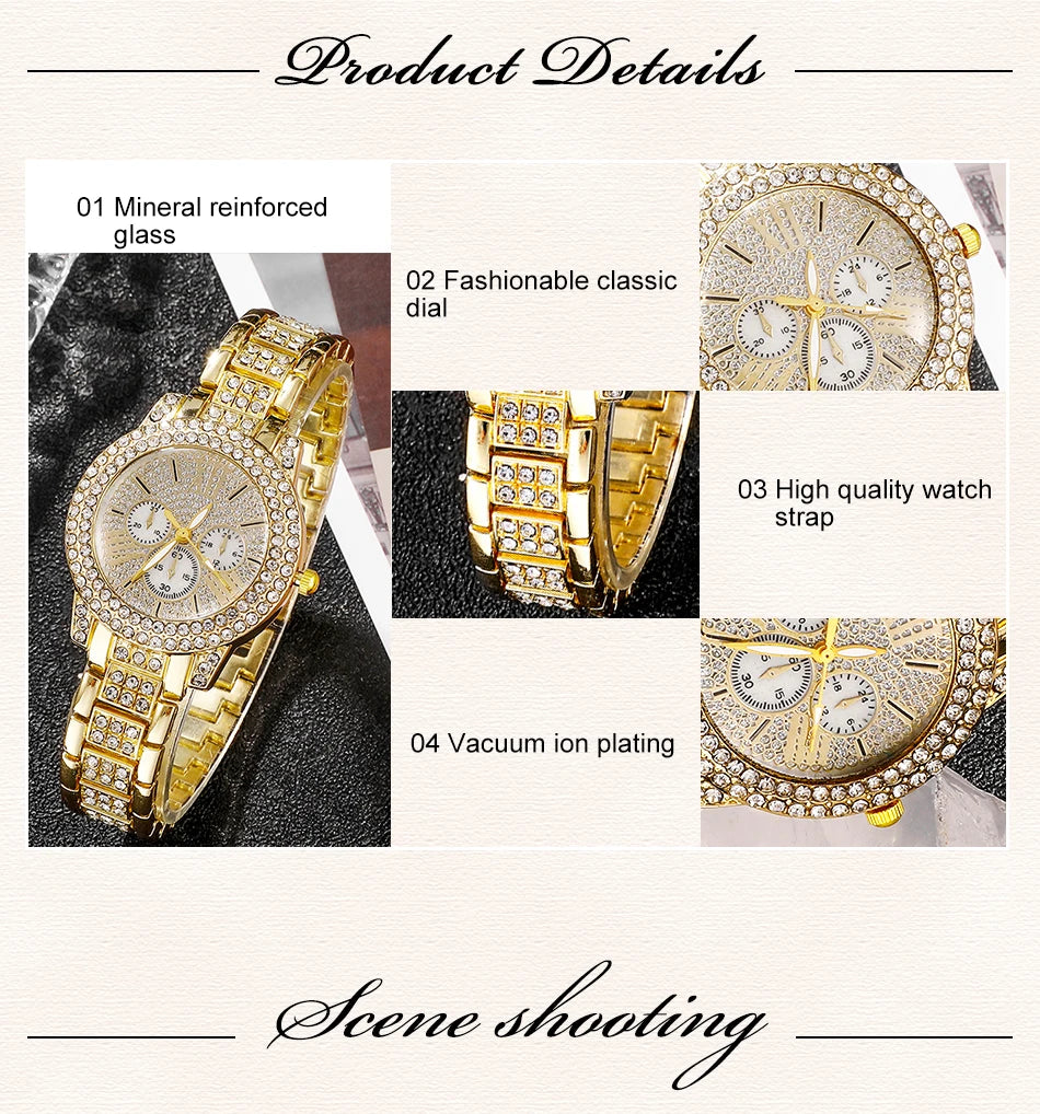 Women’s Gold Rhinestone Watch & Jewelry Set – Watch, Necklace, Earrings & Ring