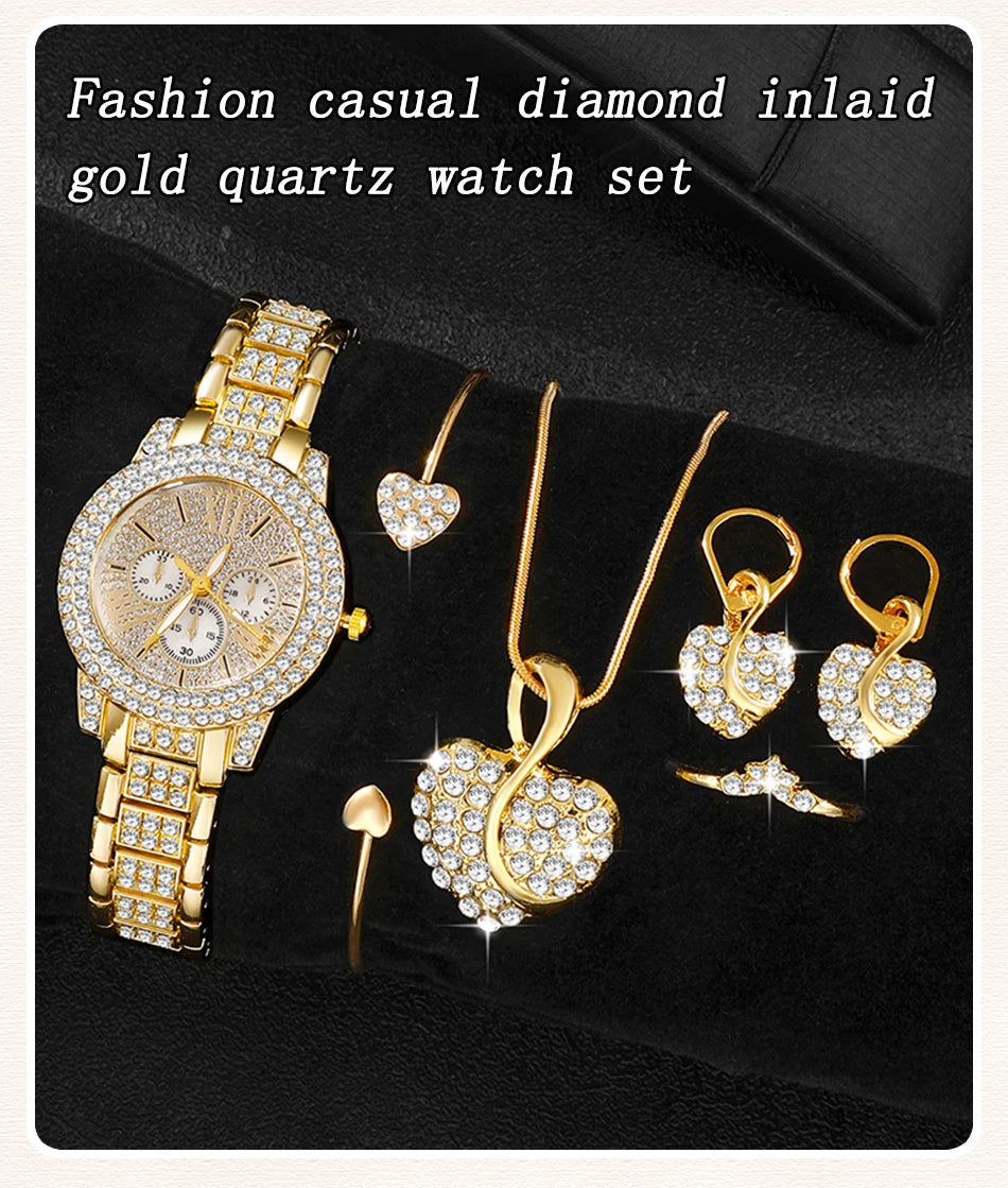 Women’s Gold Rhinestone Watch & Jewelry Set – Watch, Necklace, Earrings & Ring