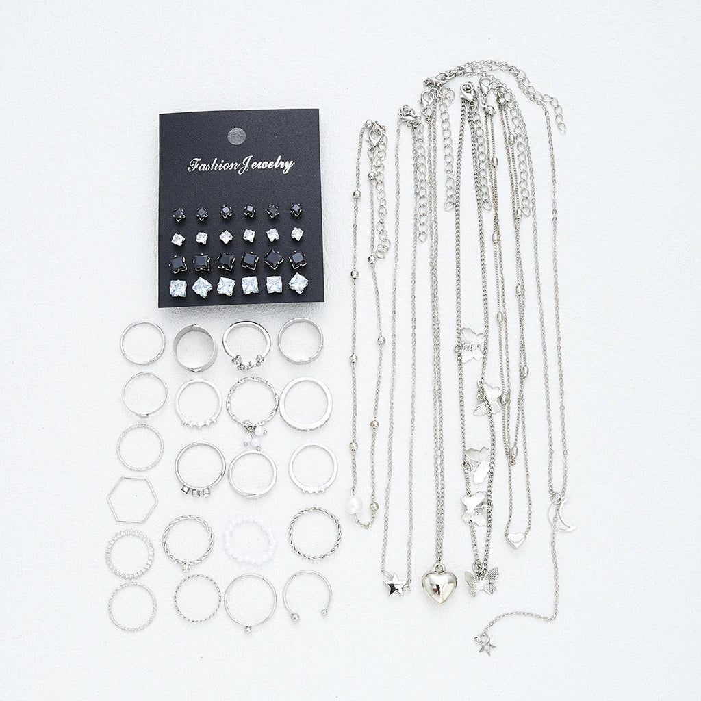 51-Piece Silver Butterfly Heart Pearl Jewelry Set for Women – Necklaces, Earrings & Rings | Fashion Daily Outfit Accessories