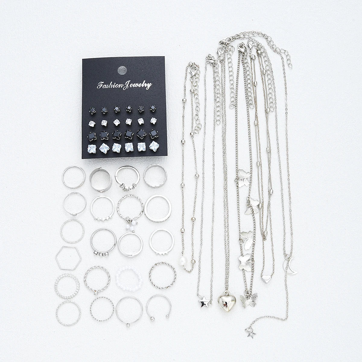 51-Piece Silver Butterfly Heart Pearl Jewelry Set for Women – Necklaces, Earrings & Rings | Fashion Daily Outfit Accessories
