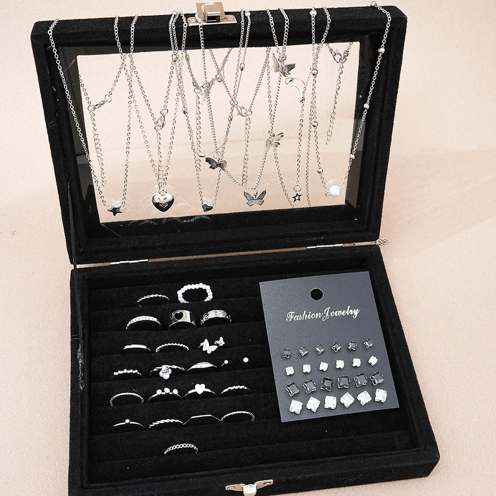 51-Piece Silver Butterfly Heart Pearl Jewelry Set for Women – Necklaces, Earrings & Rings | Fashion Daily Outfit Accessories