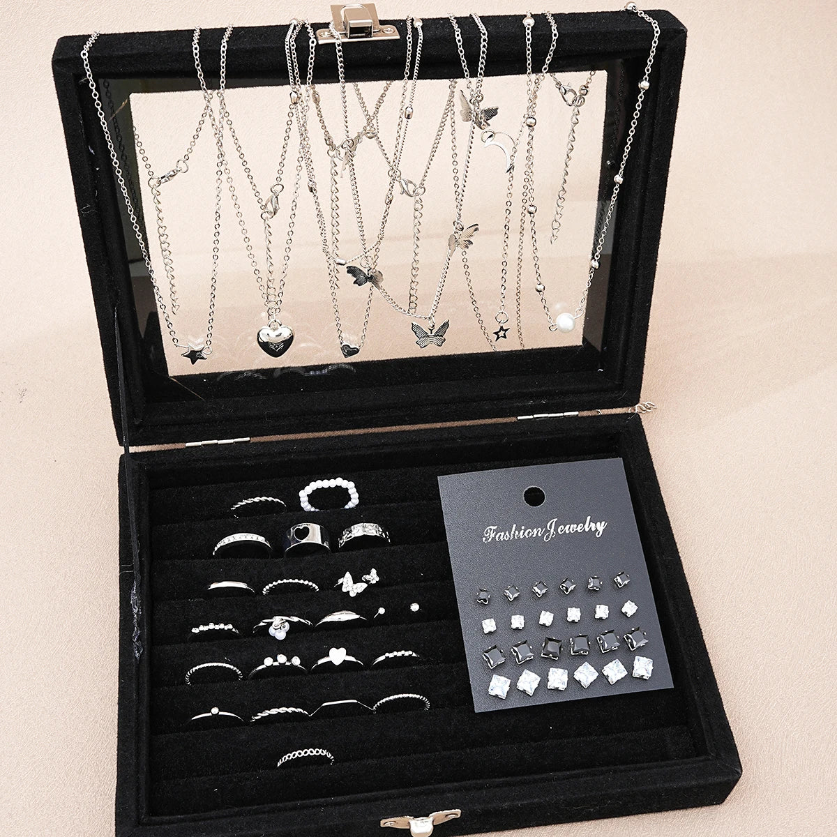 51-Piece Silver Butterfly Heart Pearl Jewelry Set for Women – Necklaces, Earrings & Rings | Fashion Daily Outfit Accessories
