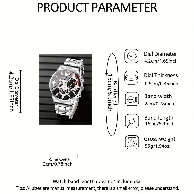 Luxury Men’s Stainless Steel Quartz Watch Set – Stylish Fashion Wristwatch (4-Piece Collection)