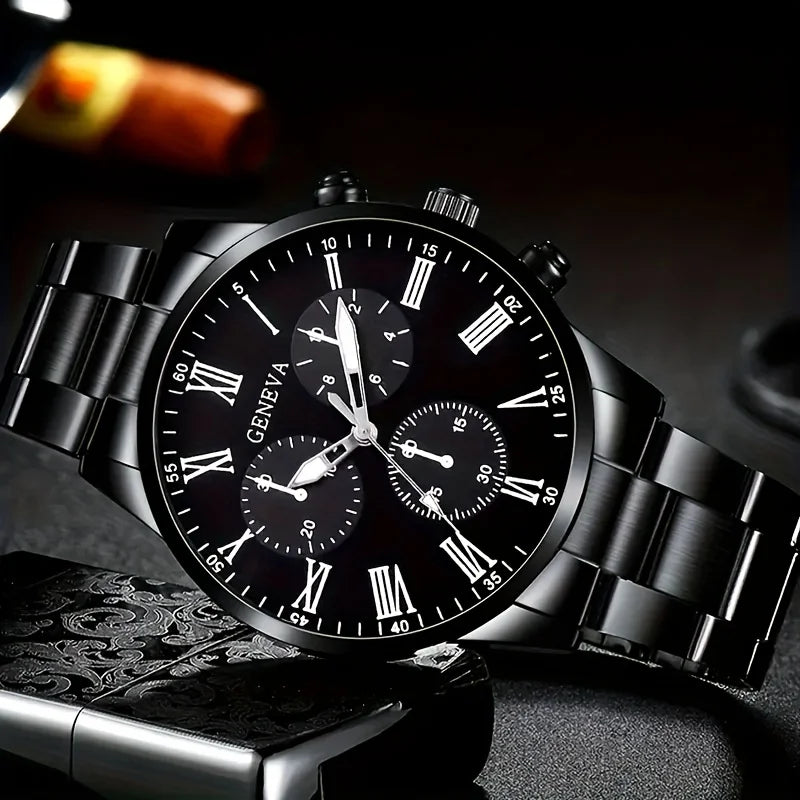 Luxury Men’s Stainless Steel Quartz Watch Set – Stylish Fashion Wristwatch (4-Piece Collection)