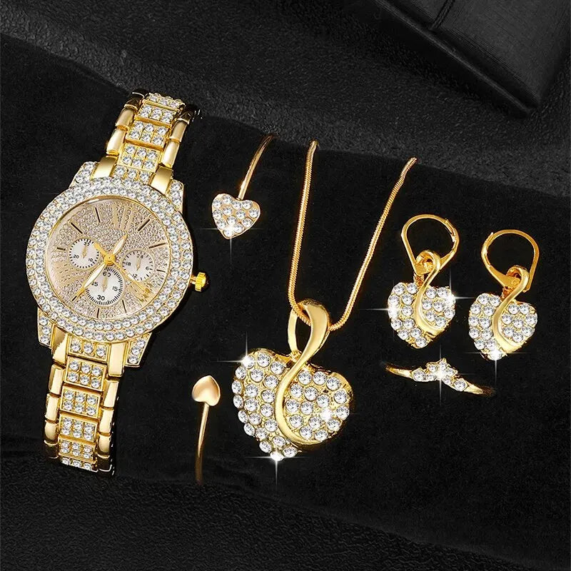 Women’s Gold Rhinestone Watch & Jewelry Set – Watch, Necklace, Earrings & Ring