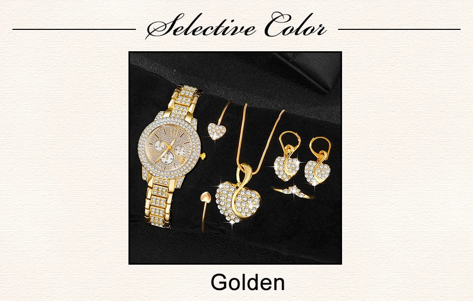 Women’s Gold Rhinestone Watch & Jewelry Set – Watch, Necklace, Earrings & Ring
