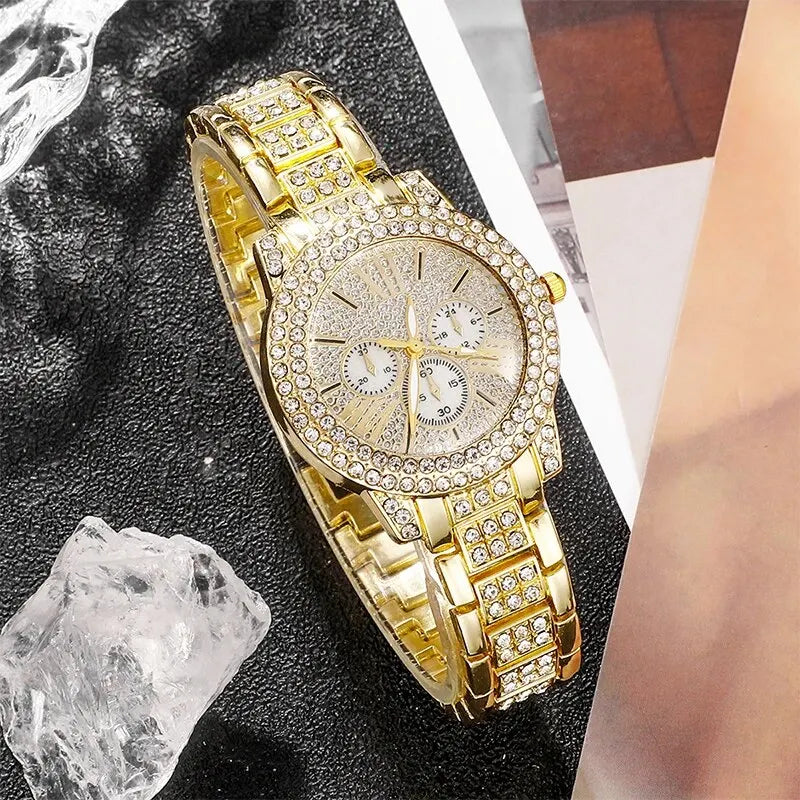 Women’s Gold Rhinestone Watch & Jewelry Set – Watch, Necklace, Earrings & Ring
