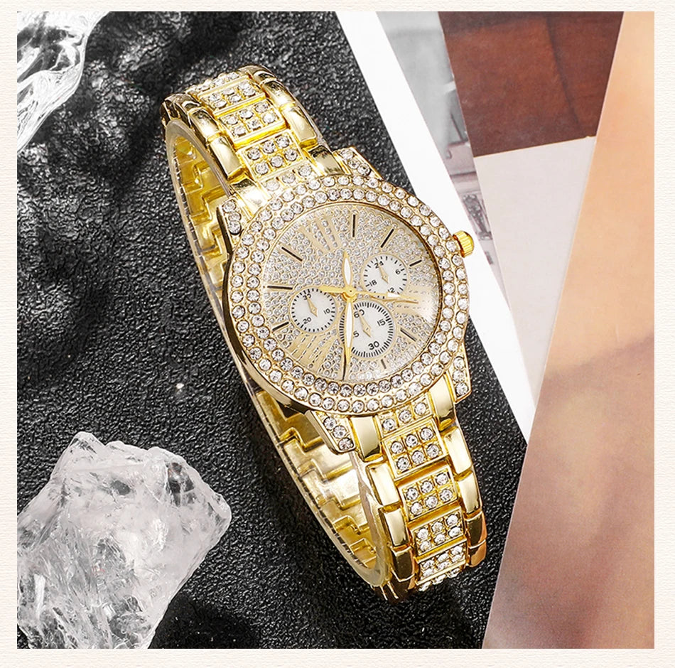 Women’s Gold Rhinestone Watch & Jewelry Set – Watch, Necklace, Earrings & Ring