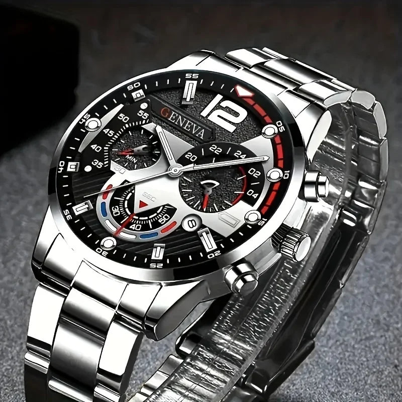 Luxury Men’s Stainless Steel Quartz Watch Set – Stylish Fashion Wristwatch (4-Piece Collection)