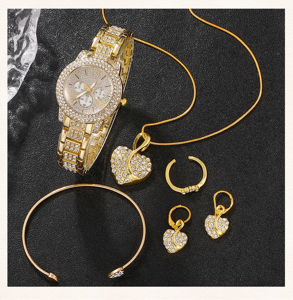 Women’s Gold Rhinestone Watch & Jewelry Set – Watch, Necklace, Earrings & Ring