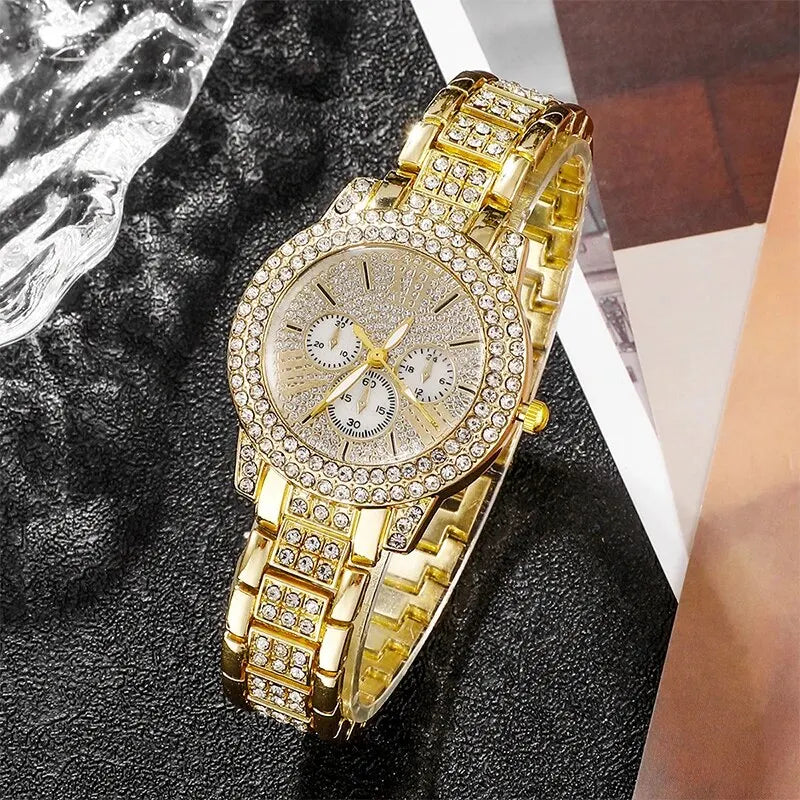 Women’s Gold Rhinestone Watch & Jewelry Set – Watch, Necklace, Earrings & Ring