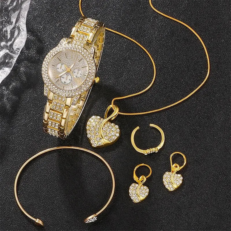 Women’s Gold Rhinestone Watch & Jewelry Set – Watch, Necklace, Earrings & Ring