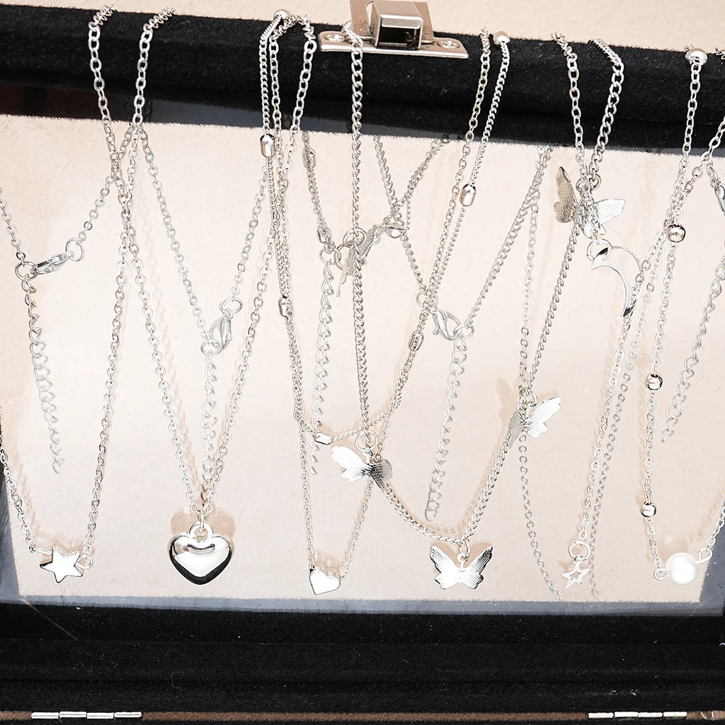 51-Piece Silver Butterfly Heart Pearl Jewelry Set for Women – Necklaces, Earrings & Rings | Fashion Daily Outfit Accessories