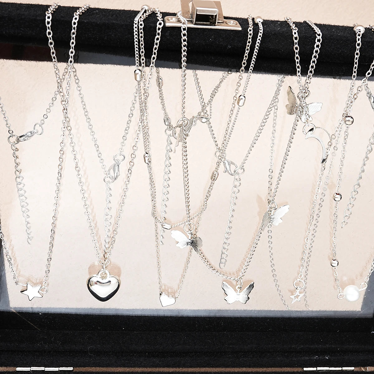 51-Piece Silver Butterfly Heart Pearl Jewelry Set for Women – Necklaces, Earrings & Rings | Fashion Daily Outfit Accessories