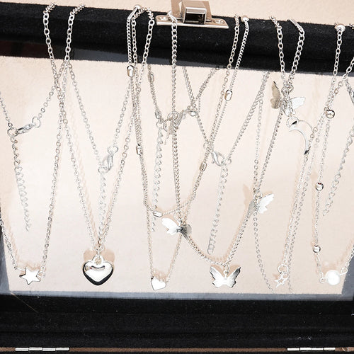 51-Piece Silver Butterfly Heart Pearl Jewelry Set for Women – Necklaces, Earrings & Rings | Fashion Daily Outfit Accessories