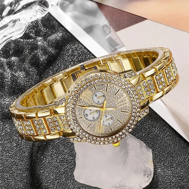 Women’s Gold Rhinestone Watch & Jewelry Set – Watch, Necklace, Earrings & Ring