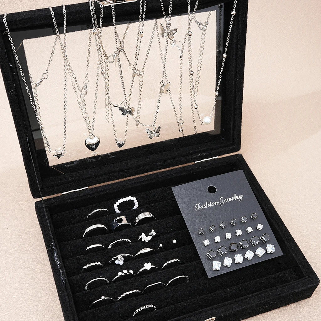 51-Piece Silver Butterfly Heart Pearl Jewelry Set for Women – Necklaces, Earrings & Rings | Fashion Daily Outfit Accessories
