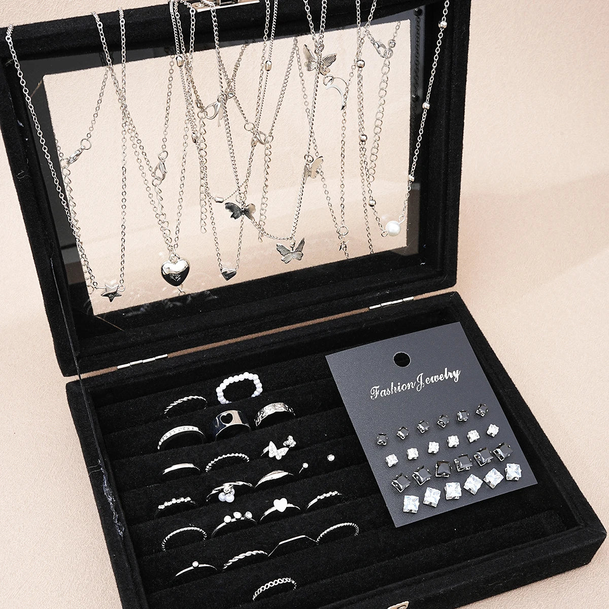 51-Piece Silver Butterfly Heart Pearl Jewelry Set for Women – Necklaces, Earrings & Rings | Fashion Daily Outfit Accessories