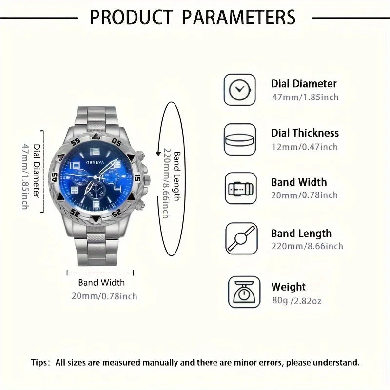 Luxury Men’s Stainless Steel Quartz Watch Set – Stylish Fashion Wristwatch (4-Piece Collection)