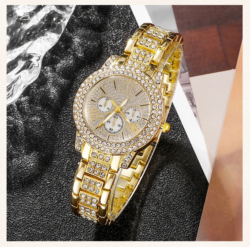 Women’s Gold Rhinestone Watch & Jewelry Set – Watch, Necklace, Earrings & Ring