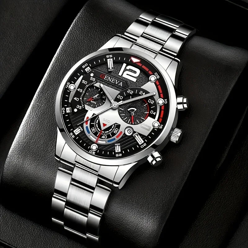 Luxury Men’s Stainless Steel Quartz Watch Set – Stylish Fashion Wristwatch (4-Piece Collection)