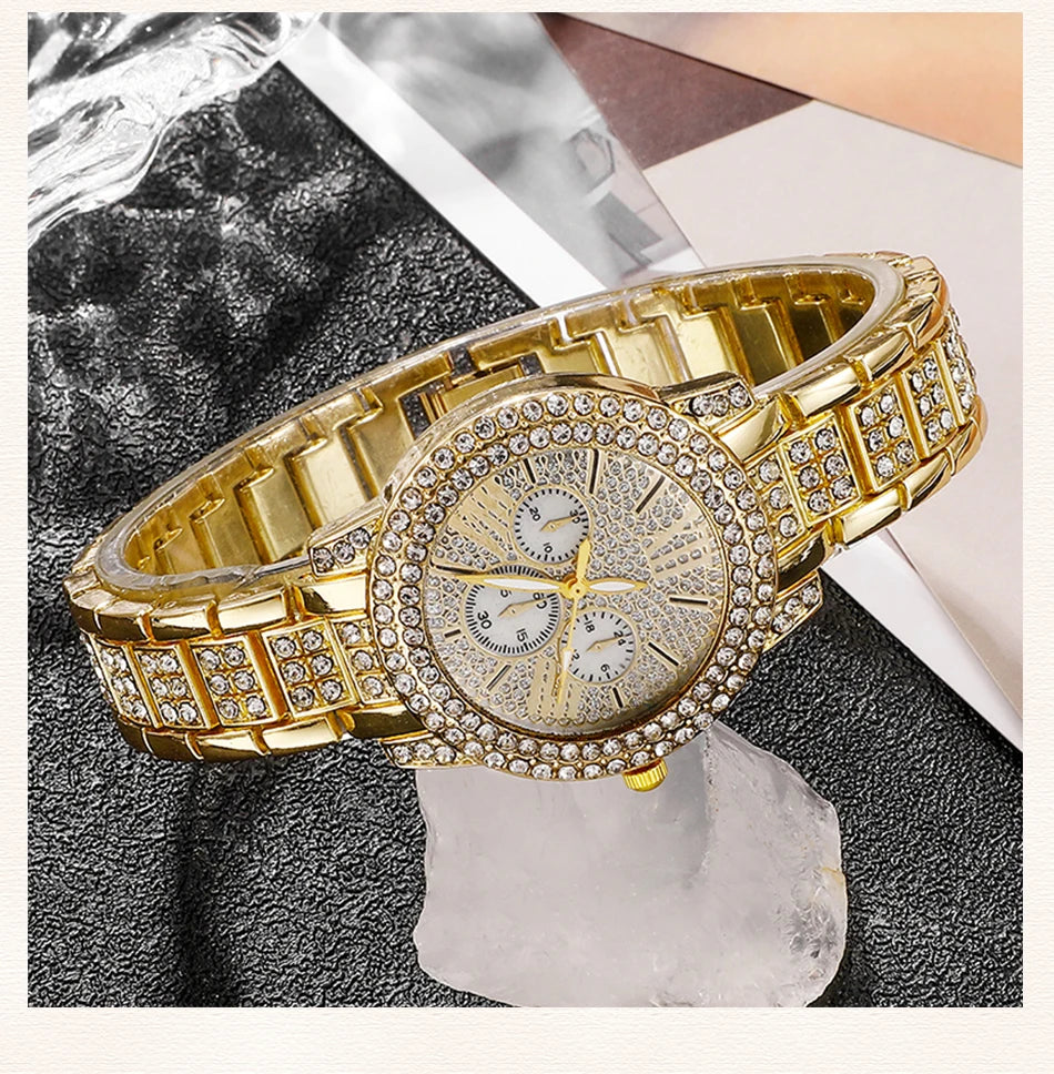 Women’s Gold Rhinestone Watch & Jewelry Set – Watch, Necklace, Earrings & Ring